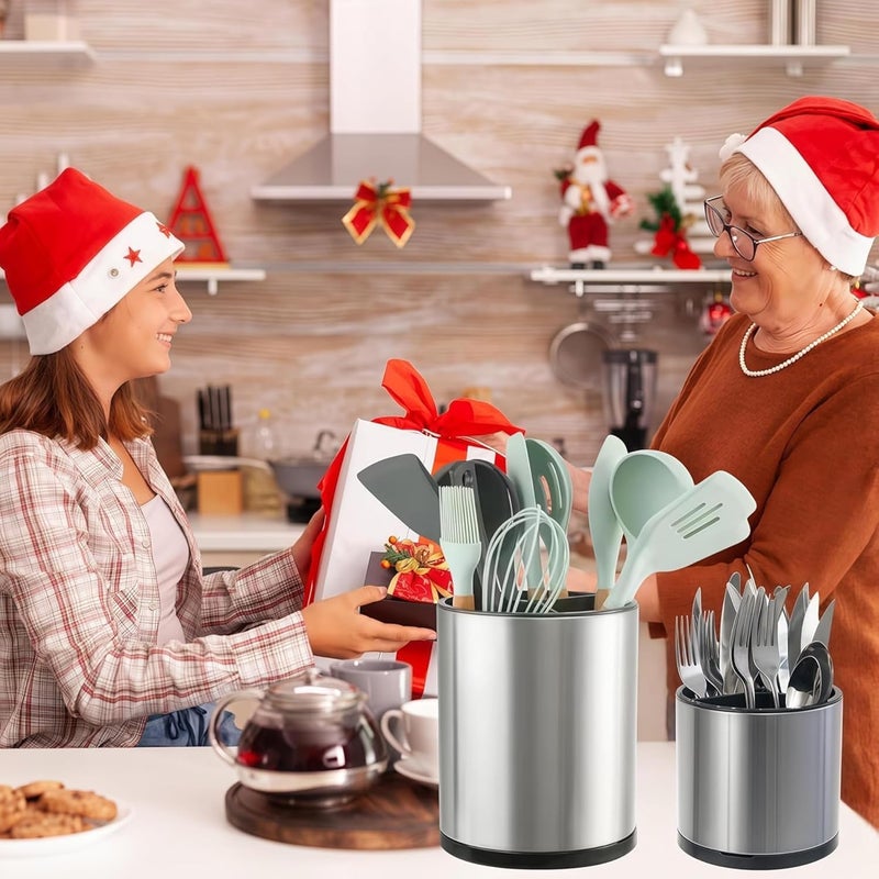 LIBODOUR Kitchen Utensil Holder Extra Large Rotating For Counter Organizer Stainless Steel Storage Cooking Silverware Caddy 3 Compartment Flatware Spoon Spatula Tool Cutlery Container（2 Set Silvery） - Image 2